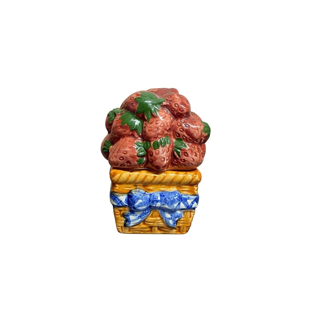 Vtg Strawberry Basket Salt & Pepper Shakers Set with Gingham Ribbon Stackable